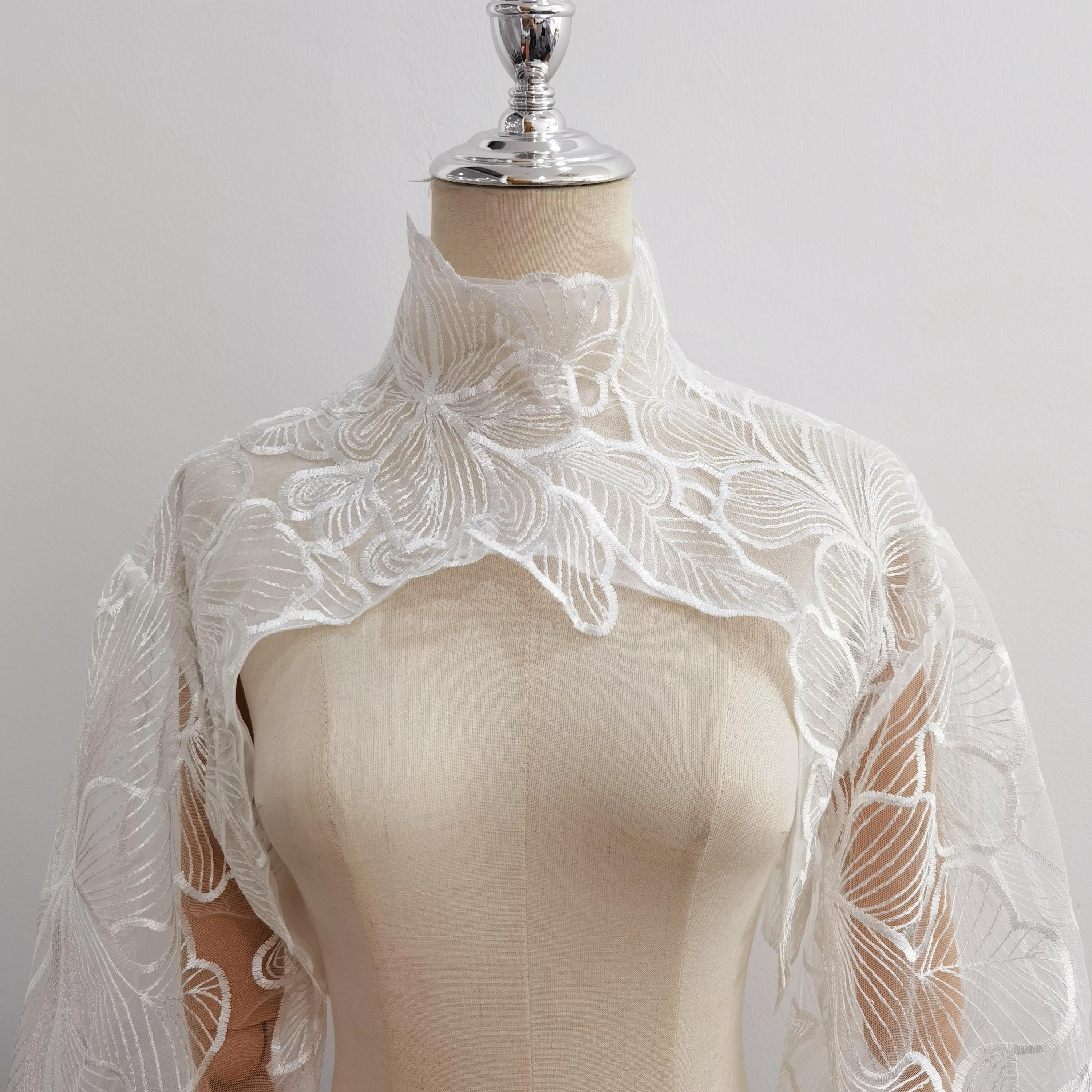 High Neck Leaf Lace Bridal Bolero, Detachable Ivory Sleeves