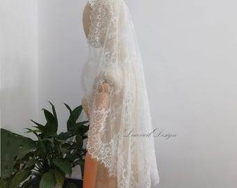 Chantilly Eyelash Lace Mantilla Wedding Veil, Fingertip Fairy Bridal Veil