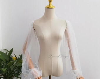 Scattered Pearls Wedding Dress Sleeves, Detachable Ivory Tulle Bridal Sleeves