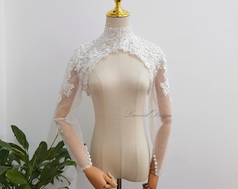 Ivory Floral Lace Wedding Bolero, High Neck Wedding Dress Topper