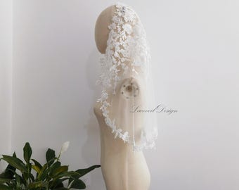 Luxury Shiny Beaded Floral Wedding Veil, Beading Lace Trim Mantilla Veil
