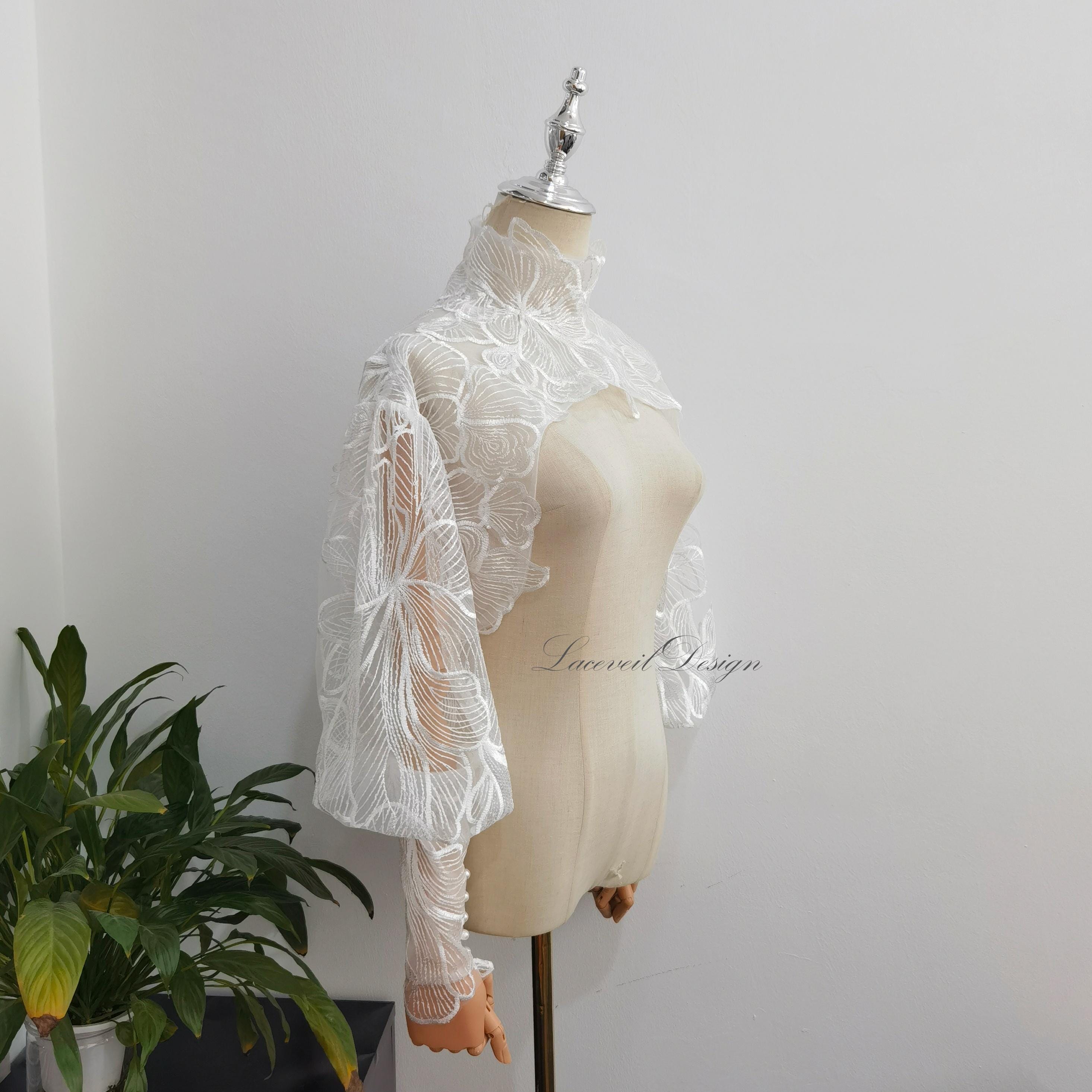 High Neck Leaf Lace Bridal Bolero, Detachable Ivory Sleeves