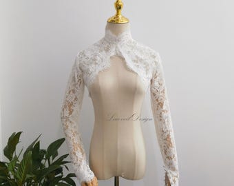 Eyelash Lace Trim Floral Lace Bolero, Hanging Neck Wedding Top Long Sleeves Cover Up