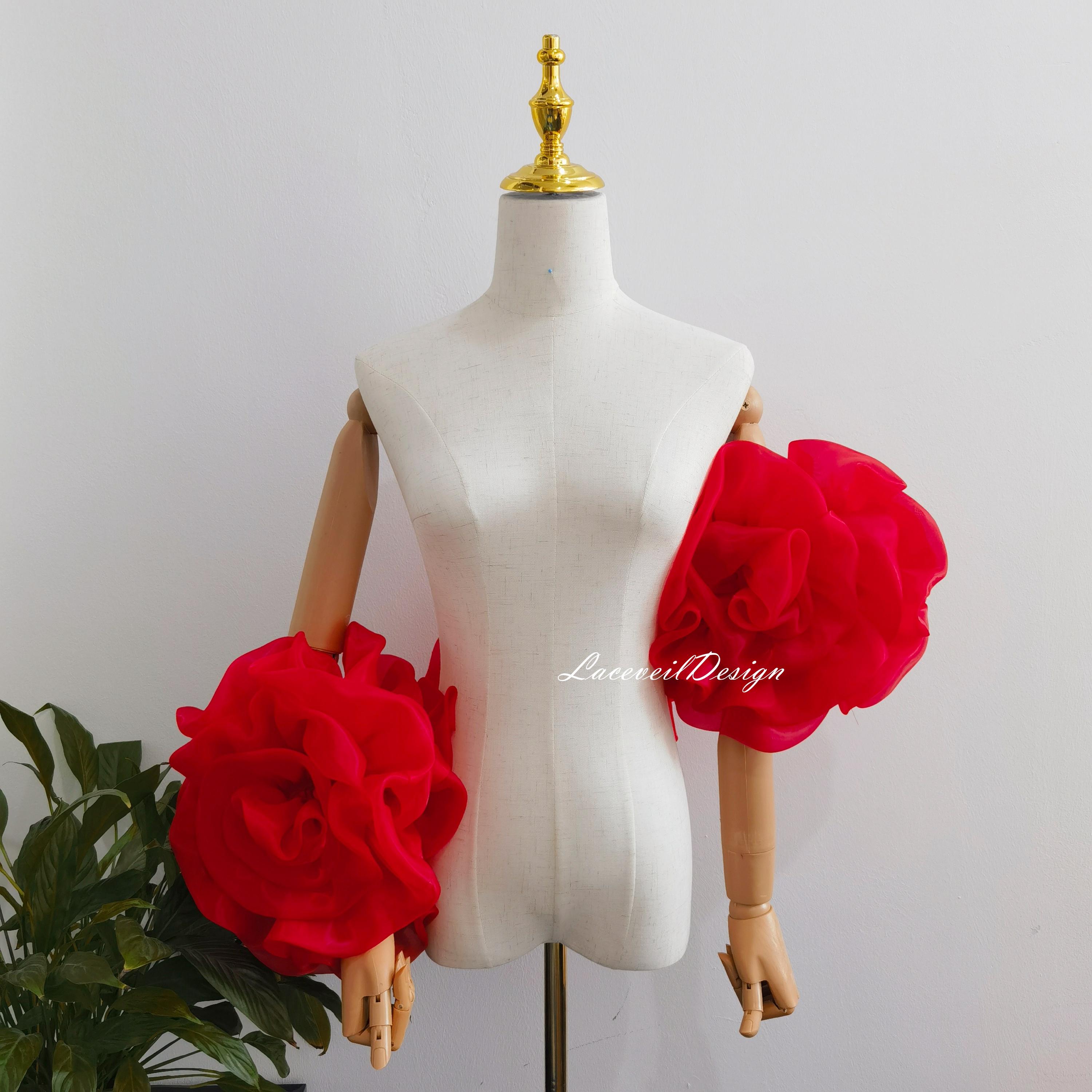 Detachable Red Organza Bicep Wedding Cape, 3D Floral Sleeves Bridal…