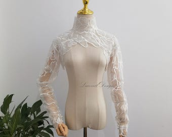 High Neck Leaf Lace Bridal Bolero, Detachable Ivory Fitted Sleeves Wedding Dress Topper