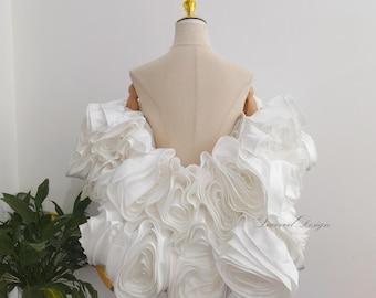 Dramatic 3D Roses Satin Bridal Cape, Detachable Ivory Wedding Cape Puff Sleeves