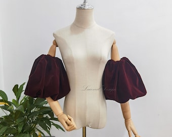 Vintage weinrote Samt elastische Brautärmel, abnehmbare Puffärmel für Hochzeitskleid