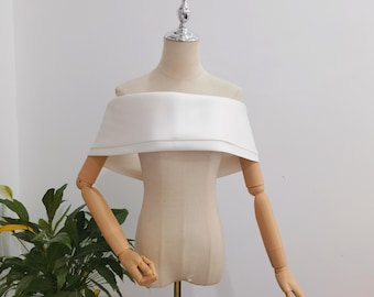 Off Shoulder Mikado Bridal Cape, Minimalist Ivory Wedding Shawl Wrap Pearls Back Design
