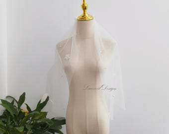 Scattered Flowers Wedding Veil with Pearls, One Tier Ivory Tulle Elbow Bridal Veil