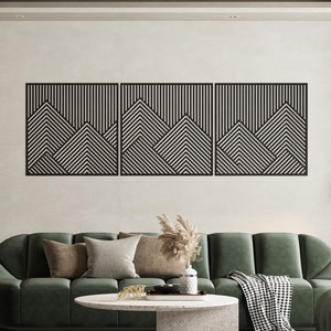 Geometric Mountain With Lines Set of 3 Wood Wall Art Panel, Mountain ...
