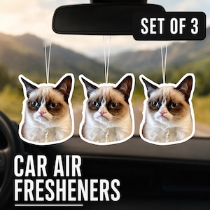 May include: A set of three hanging car air fresheners featuring the face of a grumpy cat with brown and white fur. The text SET OF 3 is displayed in a black box, and the text CAR AIR FRESHENERS is printed in white at the bottom of the image.