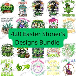 Może przedstawiać: Zbiór cyfrowych projektów o tematyce konopnej. Projekty przedstawiają króliki, liście marihuany i tekst, taki jak "420 Easter Stoner's Designs Bundle", "Weed Mom" i "Simple Man, Boobies and Boobies". Paleta kolorów obejmuje zielony, biały i fioletowy.