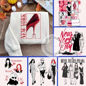 May include: A cream-coloured sweatshirt featuring a red high heel graphic, the words "NEW YORK" and "DEVIL PRADA". The image also includes fashion illustrations with the text "FASHION", "New York City", and "THE DEVIL WEARS PRADA".