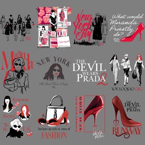 Puede incluir: Una colección de ilustraciones y texto con temática de moda sobre un fondo gris. Las imágenes incluyen dibujos de mujeres, tacones altos, bolsos y texto como "New York City", "The Devil Wears Prada" y "Fashion".