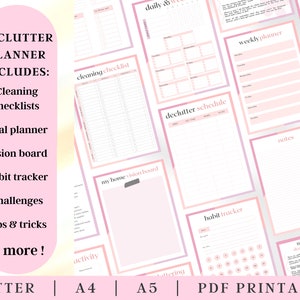K&ouml;nnte beinhalten: Druckbarer Entr&uuml;mpelungs-Planer mit rosa und wei&szlig;en Seiten. Der Planer enth&auml;lt Reinigungs-Checklisten, einen Zielplaner, ein Vision Board, einen Habit Tracker, Herausforderungen, Tipps und Tricks und vieles mehr. Der Text "DECLUTTER PLANNER INCLUDES" befindet sich oben auf der Seite.