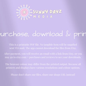 K&ouml;nnte beinhalten: Ein lilafarbener Hintergrund mit einer wei&szlig;en Sonnengrafik und dem Text "SUNNY DAYZ MEDIA" in Wei&szlig;. Der Text "purchase, download & print" ist in Wei&szlig;. Der Text darunter erkl&auml;rt, dass es sich um eine druckbare PDF-Datei handelt und dass kein greifbarer Artikel geliefert wird. Au&szlig;erdem wird erkl&auml;rt, wie man die Datei nach dem Kauf herunterl&auml;dt.