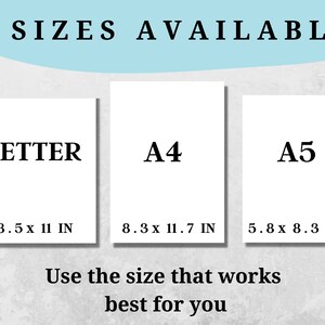以下が含まれることがあります： 3つの用紙サイズが表示されています。レター、8.5 x 11 インチ、A4、8.3 x 11.7 インチ、A5、5.8 x 8.3 インチ。用紙サイズの下に「自分に合ったサイズを使用してください」というテキストがあります。