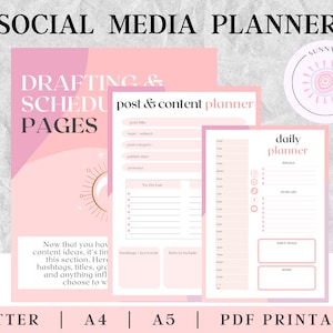 Op de afbeelding: Een roze en witte printbare social media planner met de tekst "DRAFTING & SCHEDULING PAGES" en "post & content planner". De planner bevat secties voor dagelijkse planning, to-do-lijsten en social media planning.