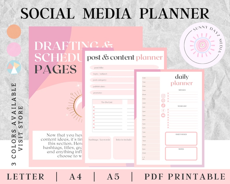 Op de afbeelding: Een roze en witte printbare social media planner met de tekst "DRAFTING & SCHEDULING PAGES" en "post & content planner". De planner bevat secties voor dagelijkse planning, to-do-lijsten en social media planning.