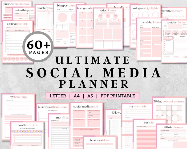Op de afbeelding: Een roze en witte printbare social media planner met meer dan 60 pagina's. De planner bevat secties voor bedrijfsanalyse, reclameplan, postplanning, blogpostplan, Instagram, basisprincipes van het merk, Instagram-highlights, serieplanner, maandelijkse overzicht, weekplanner, YouTube-planner, mijn branding, zakelijke affirmaties, social media-audit, 30-daagse contentplanner, mijn accounts, follow-up, maandelijkse beoordeling, maand gaan, zakelijke idee&euml;n, takenlijst en affiliate-planner.