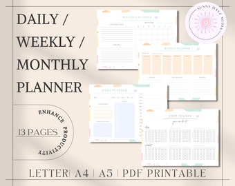 Dagelijkse planner, wekelijkse planner, maandelijkse planner, afdrukbare planner, 2022 planner wekelijks en maandelijks, digitale download, direct downloaden, PDF