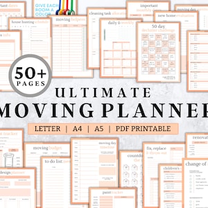 May include: A printable moving planner with 50+ pages, featuring checklists, trackers, and budget sheets. The planner includes sections for important dates, house hunting, moving helpers, cleaning tasks, daily and weekly schedules, a 30-day declutter challenge, moving contacts, a visual debt tracker, a moving budget, a to-do list, a design planner, a moving day timeline, a fix, replace, and throw out list, a countdown, a paint tracker, renovation plans, and a change of address checklist.