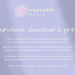 Op de afbeelding: Een lichtpaarse achtergrond met een witte zonafbeelding en de tekst "SUNNY DAYZ MEDIA" in wit. Onder de afbeelding staat de tekst "purchase, download & print" in wit. De tekst hieronder legt uit dat dit een printbaar PDF-bestand is en dat er geen tastbaar item wordt geleverd. Het legt ook uit hoe je het bestand na aankoop kunt downloaden.