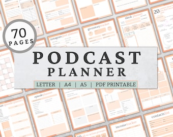 70-Page Podcast Planner, Social Media Content Calendar (PDF Printable)
