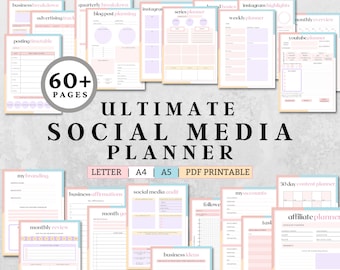 May include: A digital planner with a pink, blue, and yellow color scheme. The planner is titled "Ultimate Social Media Planner" and includes 60+ pages. The planner includes sections for business breakdown, blog post planning, series planner, weekly planner, monthly overview, youtube planner, my branding, business affirmations, social media audit, monthly review, month goals, business ideas, 30 day content planner, my accounts, follow, affiliate planner, and tasks.