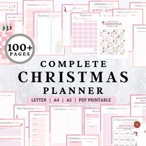 May include: A pink and white printable Christmas planner with over 100 pages. The planner includes sections for gift lists, party planning, a monthly calendar, and a 25 days of Christmas bucket list.
