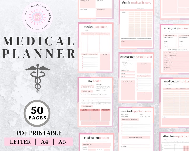 Medical Planner, medical binder, blood pressure log, medicine tracker, medical binder printable, mental health tracker, medical tracker image 1