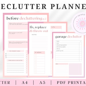 K&ouml;nnte beinhalten: Druckbarer Entr&uuml;mpelungs-Planer mit rosa und grauem Farbschema. Der Planer enth&auml;lt Abschnitte f&uuml;r vor dem Entr&uuml;mpeln, reparieren, ersetzen und wegwerfen sowie eine Checkliste f&uuml;r die Entr&uuml;mpelung der Garage. Der Planer ist in den Formaten Letter, A4 und A5 erh&auml;ltlich.