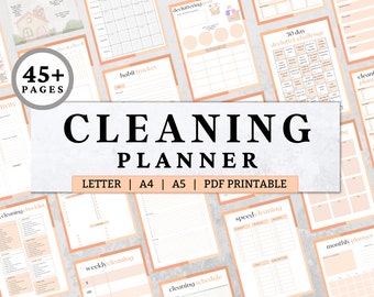 May include: A printable cleaning planner with 45+ pages. The planner includes a variety of templates for cleaning checklists, habit trackers, decluttering challenges, weekly cleaning schedules, speed cleaning, and monthly planners. The planner is available in letter, A4, and A5 sizes.