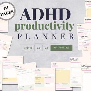 May include: A digital ADHD productivity planner with 30 pages, featuring pastel-colored templates for goals, self-care, and daily tasks. The text reads ADHD productivity planner, letter, A4, A5, and PDF printable, with various layout designs.
