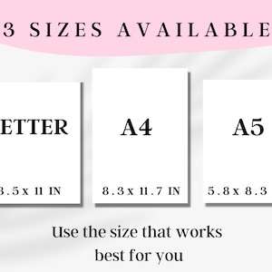 K&ouml;nnte beinhalten: Drei druckbare Papierformate werden angezeigt: Letter (8,5 x 11 Zoll), A4 (8,3 x 11,7 Zoll) und A5 (5,8 x 8,3 Zoll).