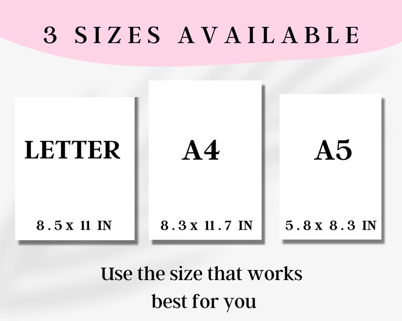 K&ouml;nnte beinhalten: Drei druckbare Papierformate werden angezeigt: Letter (8,5 x 11 Zoll), A4 (8,3 x 11,7 Zoll) und A5 (5,8 x 8,3 Zoll).