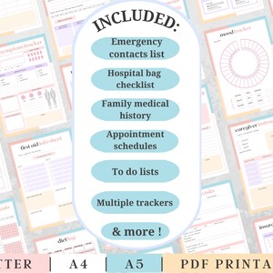以下が含まれることがあります： 薄い青、ピンク、黄色のカラーテーマの印刷可能なPDFプランナー。プランナーには、毎日の症状トラッカー、応急処置情報シート、気分トラッカー、介護者のための指示、予定表、やることリストなどが含まれています。「INCLUDED:」というテキストは、大きく太字で書かれています。「LETTER A4 A5 PDF PRINTABLE」というテキストは、画像の下部に表示されています。