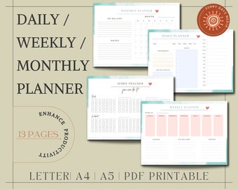Dagelijkse planner, wekelijkse planner, maandelijkse planner, afdrukbare planner, 2022 planner wekelijks en maandelijks, digitale download, direct downloaden, PDF