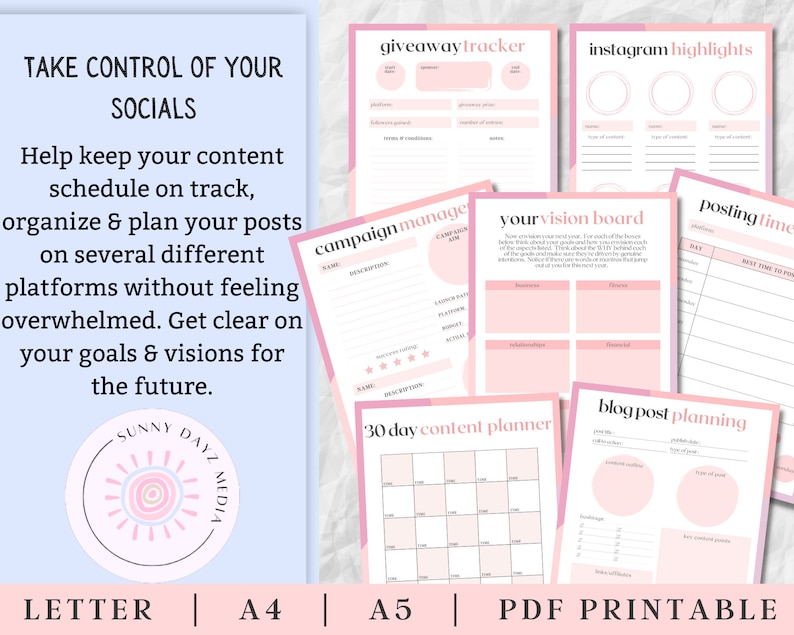 Op de afbeelding: Een set printbare roze en witte social media planner sjablonen. De sjablonen bevatten secties voor Instagram-highlights, giveaway-tracker, campagnemanager, vision board, posttijd, blogpostplanning en een 30-daagse contentplanner. De tekst "TAKE CONTROL OF YOUR SOCIALS" staat bovenaan de pagina.