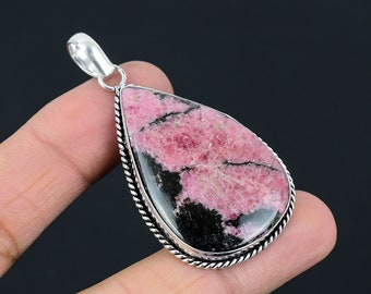 Rhodonite Pendant, 925 Sterling Silver Pendant, Unique Shape Pendant, Handmade Statement Pendant, Silver Rhodonite Jewelry, Anniversary Gift