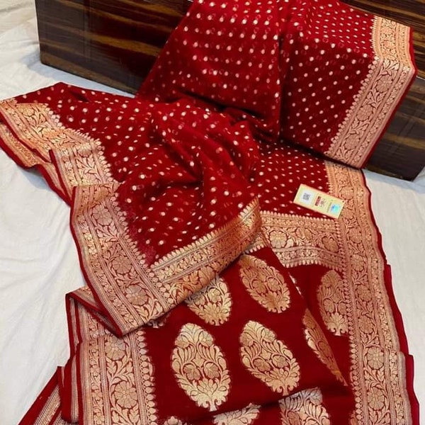 Saree de créateur fait main en semi-georgette Banarasi avec chemisier surpiqué pour femme Saree de mariage traditionnel Saree Bollywood exclusif