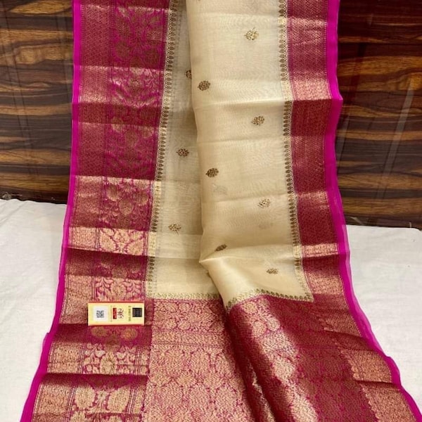 Banarasi Semi Kora Organza Saree With Stitched Blouse For Women Traditional Wedding Saree | Banarasi organza saree | Banarasi silk saree