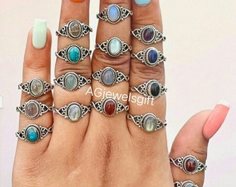 925 Sterling Silver Moonstone / Onyx / Tiger's Eye / Chalcedony / Turquoise / Moonstone / Amethyst Natural Crystal Designer Silver Ring