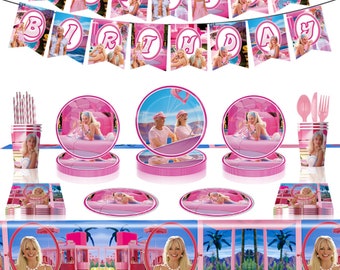 Accessoires de fête Barbie Anniversaire Décorations de fête à la maison Vaisselle jetable Assiettes en papier Pailles Serviettes de table Tasses Vaisselle