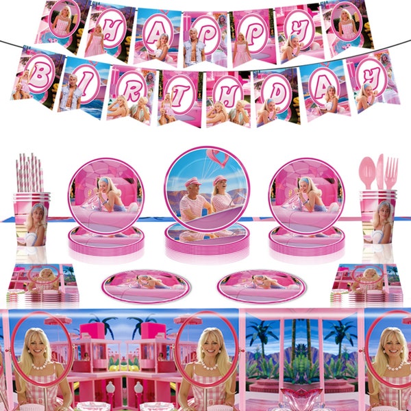 Accessoires de fête Barbie Anniversaire Décorations de fête à la maison Vaisselle jetable Assiettes en papier Pailles Serviettes de table Tasses Vaisselle