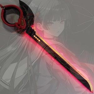 May include: A black and red sword with a unique design, featuring a red handle and a blade with a yellow and red glow. The sword has intricate details and a floral accent on the handle. The background is a blurred anime-style illustration.