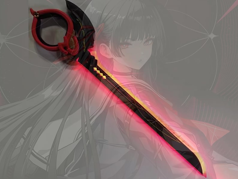 May include: A black and red sword with a unique design, featuring a red handle and a blade with a yellow and red glow. The sword has intricate details and a floral accent on the handle. The background is a blurred anime-style illustration.