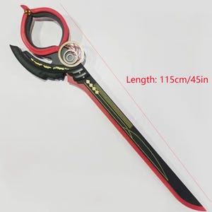 May include: A decorative sword with a red and black color scheme. The sword is 45 inches long and features a circular handle and intricate gold detailing. The blade has a unique design with a combination of red, black, and gold accents.