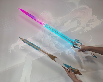 May include: Two swords with white, blue, and gold accents. The top sword features a glowing blade with vibrant pink and cyan light. The hilt of each sword has a wing-like design with blue and gold details, and the blades are pointed.