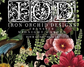 May include: Iron Orchid Designs transfer sheets for crafting. The design features a midnight garden theme with flowers in shades of red, pink, white, and yellow on a black background. The text "Iron Orchid Designs Transfer Midnight Garden Four 12x16" sheets is visible on the image.